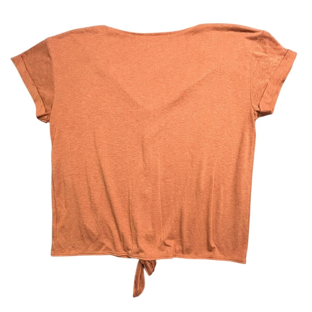 American Eagle Top Womens Size M Brown Waist Tie S/S Poly Linen Blend Stretch - Picture 8 of 8